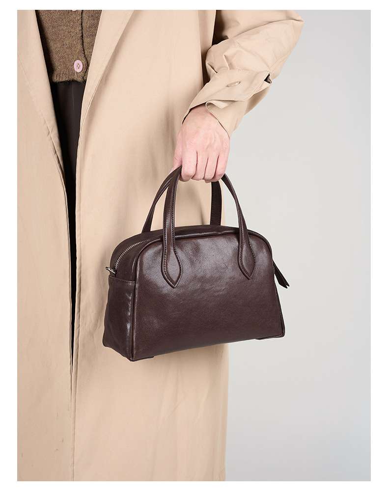 頭層水晶植鞣牛皮保齡球包 復古時尚真皮女包手袋 通勤手提包斜挎包女式新款斜背包推薦 真皮包包