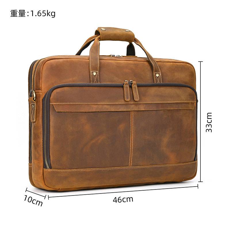 新款男士大容量雙拉鏈主袋公文包 17吋電腦包 真皮手提包 瘋馬皮斜背包 頭層牛皮多用途旅行包推薦 真皮包包