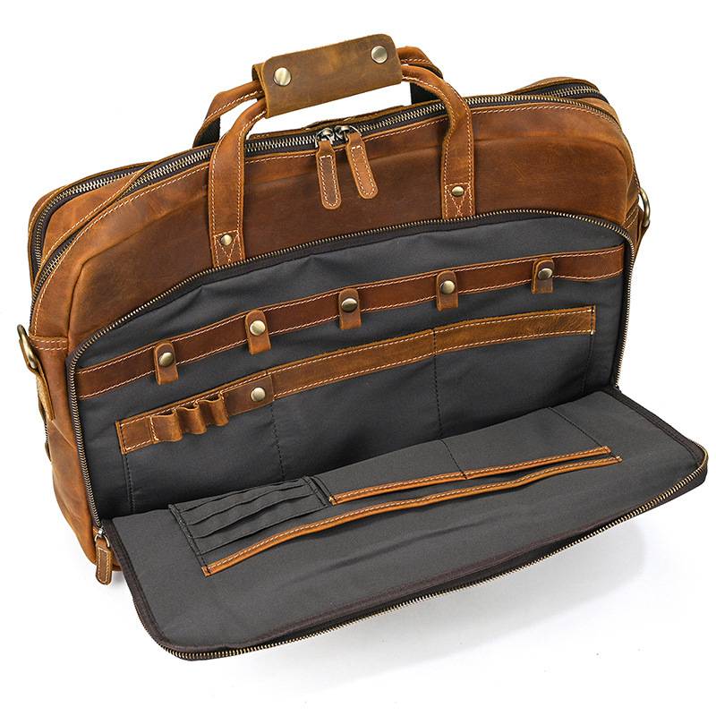 新款男士大容量雙拉鏈主袋公文包 17吋電腦包 真皮手提包 瘋馬皮斜背包 頭層牛皮多用途旅行包推薦 真皮包包