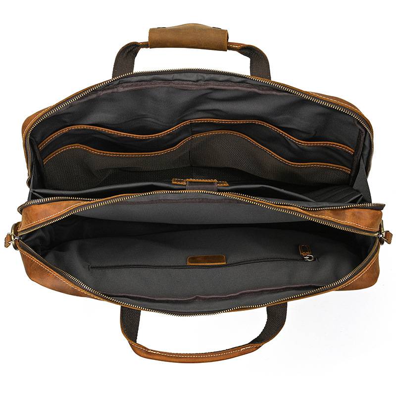 新款男士大容量雙拉鏈主袋公文包 17吋電腦包 真皮手提包 瘋馬皮斜背包 頭層牛皮多用途旅行包推薦 真皮包包