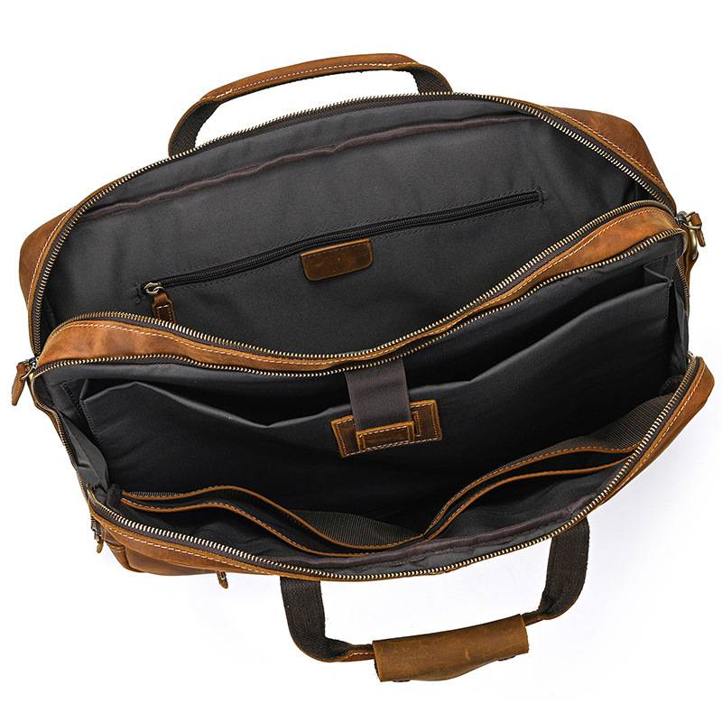 新款男士大容量雙拉鏈主袋公文包 17吋電腦包 真皮手提包 瘋馬皮斜背包 頭層牛皮多用途旅行包推薦 真皮包包