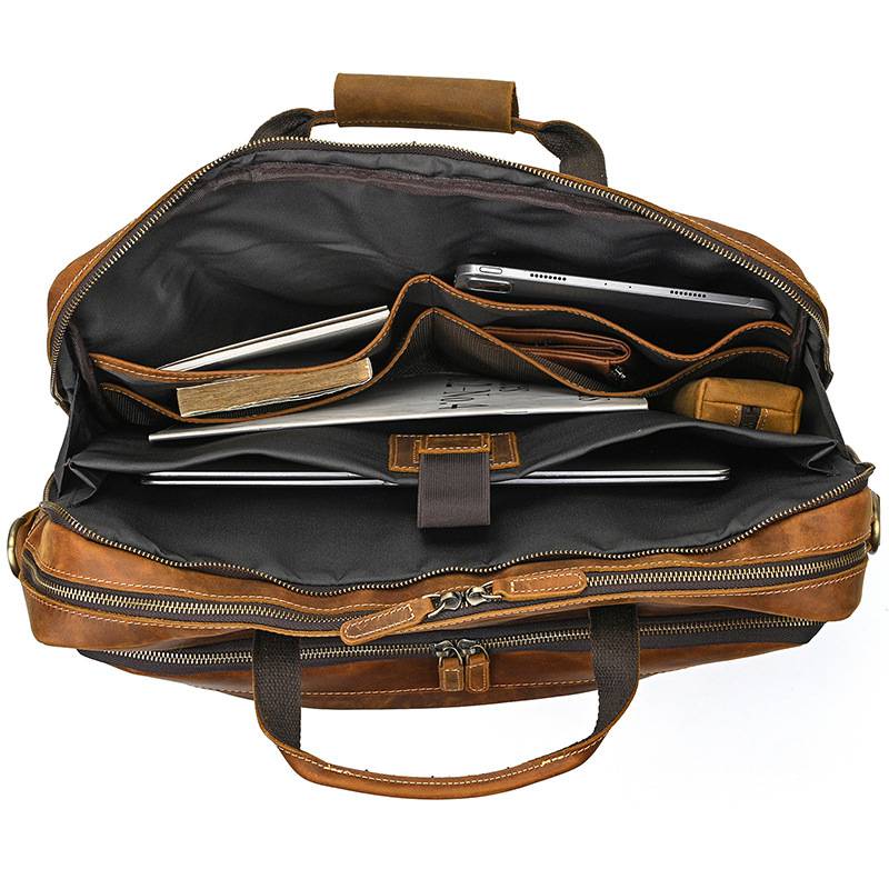 新款男士大容量雙拉鏈主袋公文包 17吋電腦包 真皮手提包 瘋馬皮斜背包 頭層牛皮多用途旅行包推薦 真皮包包