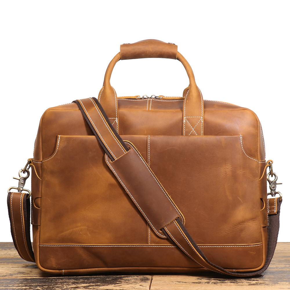 新款歐美復古男士牛皮手提包 瘋馬皮公事包單肩斜挎電腦包 真皮商務15吋筆電包斜背包 通勤公文包推薦 真皮包包