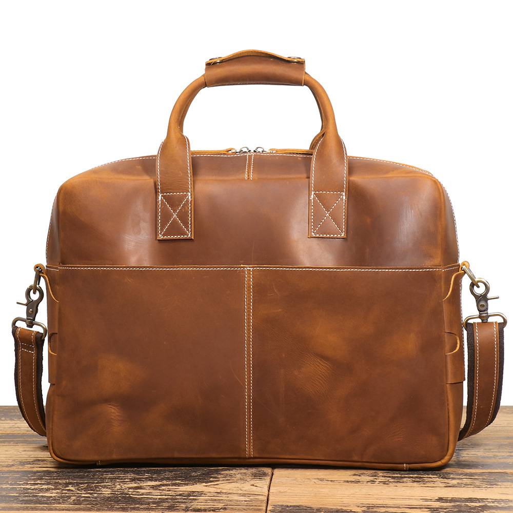 新款歐美復古男士牛皮手提包 瘋馬皮公事包單肩斜挎電腦包 真皮商務15吋筆電包斜背包 通勤公文包推薦 真皮包包