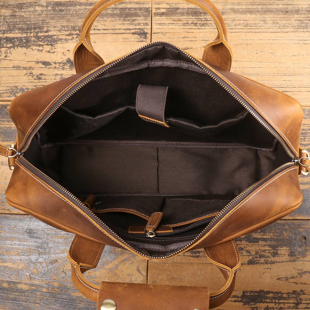 新款歐美復古男士牛皮手提包 瘋馬皮公事包單肩斜挎電腦包 真皮商務15吋筆電包斜背包 通勤公文包推薦 真皮包包