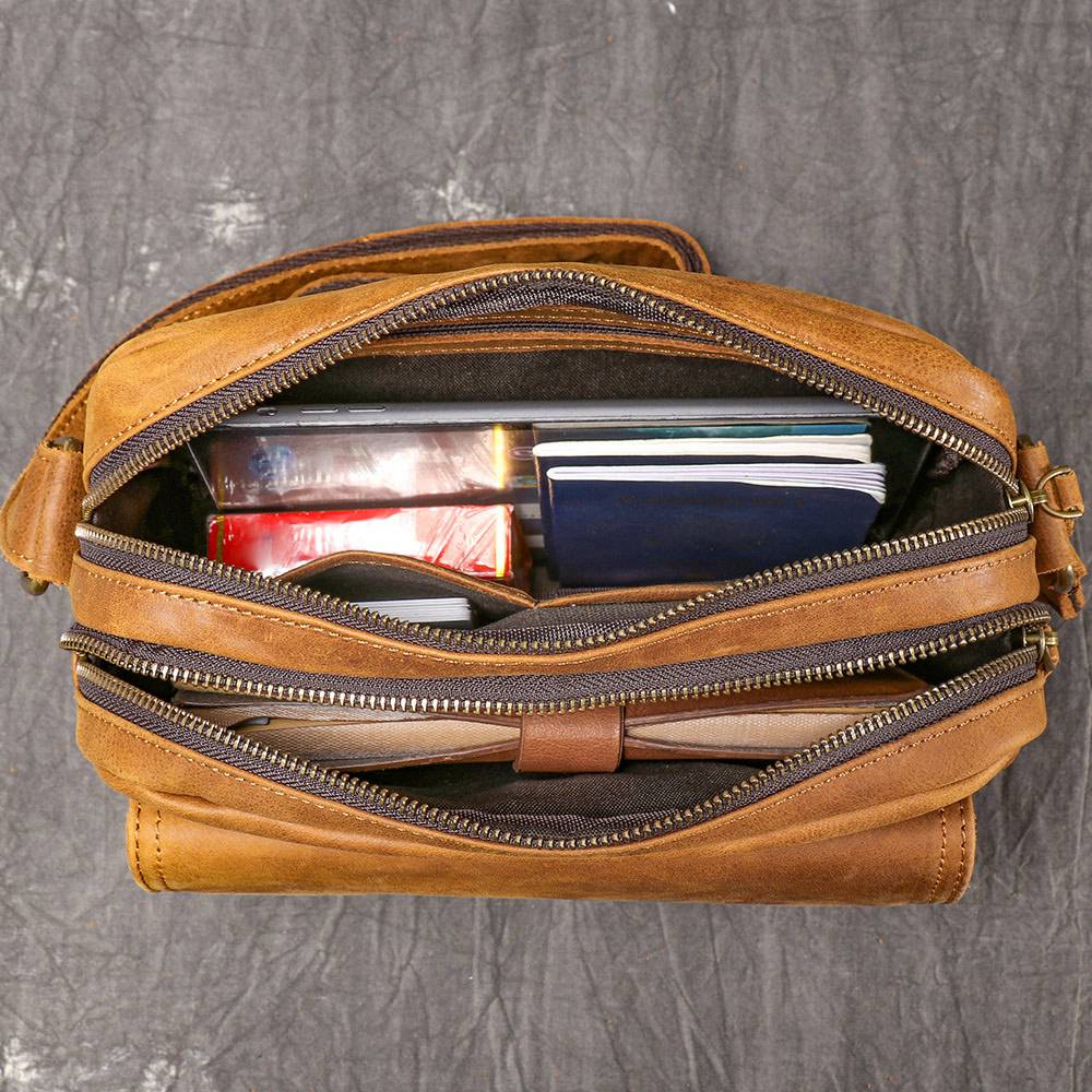 新款歐美復古磨砂皮斜背包 男士真皮單肩包斜挎背包 頭層牛皮郵差包 時尚百搭小方包推薦  真皮包包