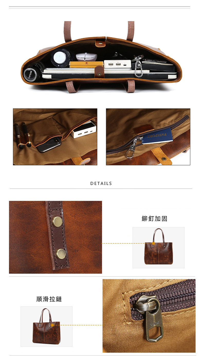 新款真皮托特包 油蠟抓花手提包 女士高級感頭層牛皮單肩包 大容量復古通勤包包推薦 真皮包包