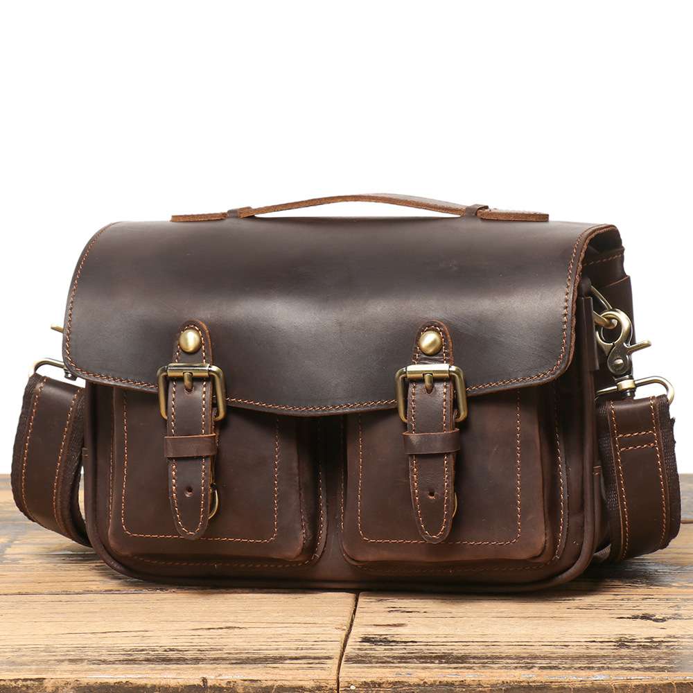 新款歐美復古數位相機包 頭層牛皮斜挎包 瘋馬皮單眼攝影包 單反相機包 男士休閒真皮斜背包推薦 真皮包包