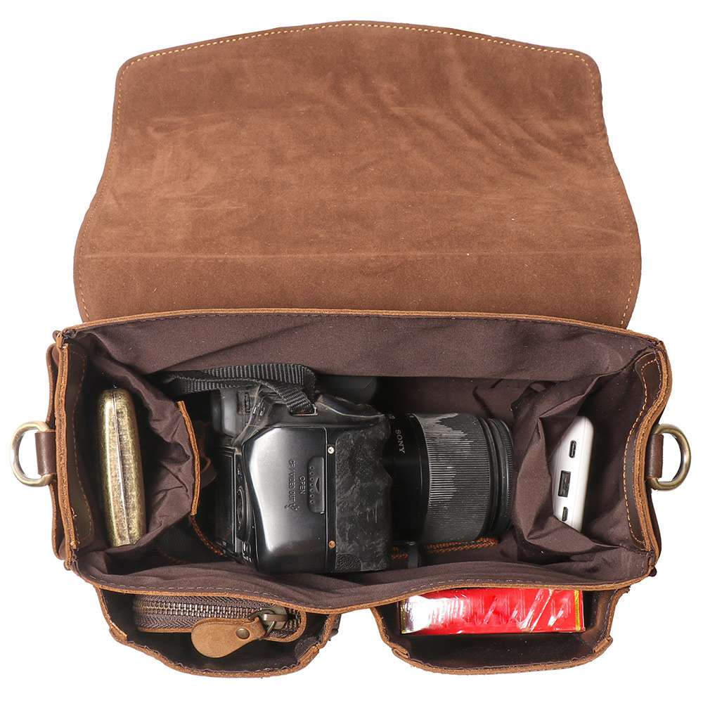新款歐美復古數位相機包 頭層牛皮斜挎包 瘋馬皮單眼攝影包 單反相機包 男士休閒真皮斜背包推薦 真皮包包