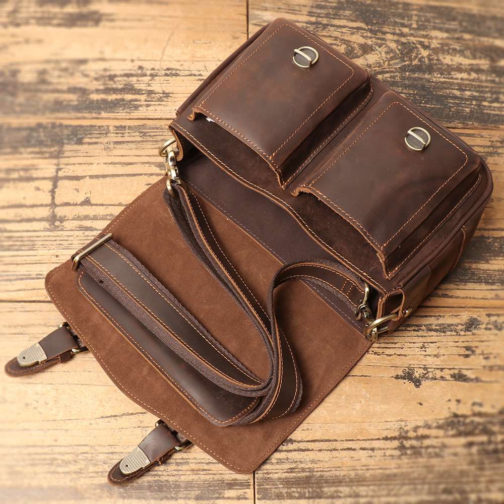 新款歐美復古數位相機包 頭層牛皮斜挎包 瘋馬皮單眼攝影包 單反相機包 男士休閒真皮斜背包推薦 真皮包包