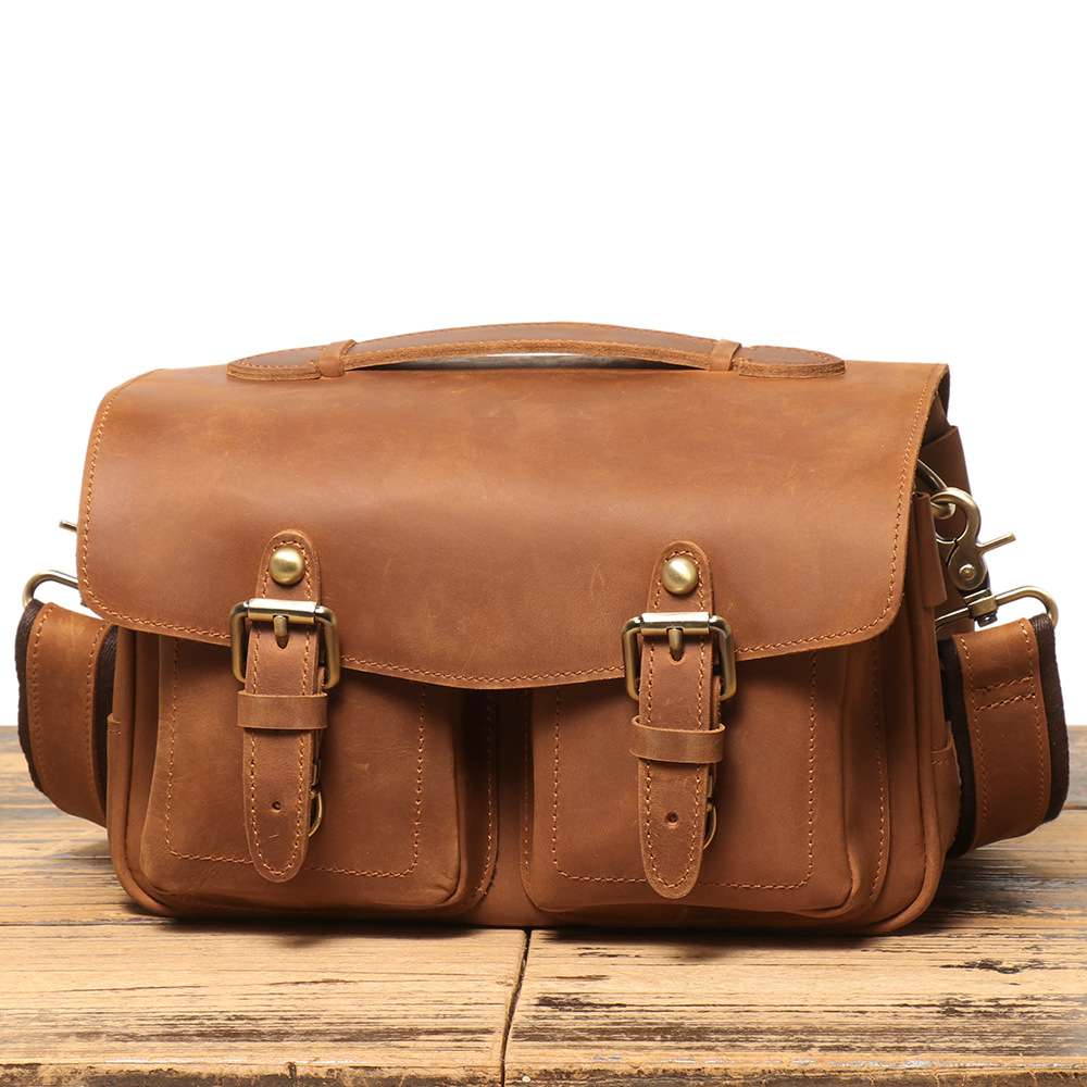 新款歐美復古數位相機包 頭層牛皮斜挎包 瘋馬皮單眼攝影包 單反相機包 男士休閒真皮斜背包推薦 真皮包包