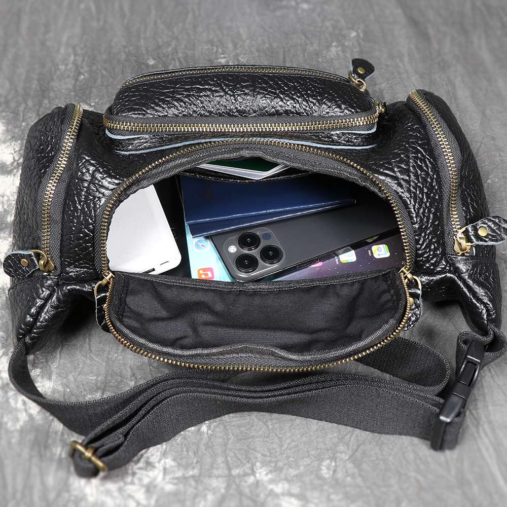 野牛皮單肩斜挎包 大容量牛皮腰包 多功能背包生意老闆包 新款男包真皮男士胸包斜背包推薦 真皮包包