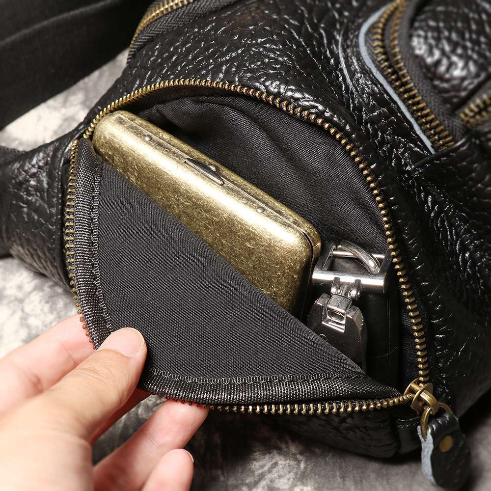 野牛皮單肩斜挎包 大容量牛皮腰包 多功能背包生意老闆包 新款男包真皮男士胸包斜背包推薦 真皮包包