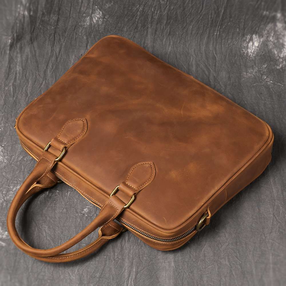 歐美復古真皮男士手提包 瘋馬皮單肩背包斜挎公文包 出差旅行牛皮文件包公事包推薦  真皮包包