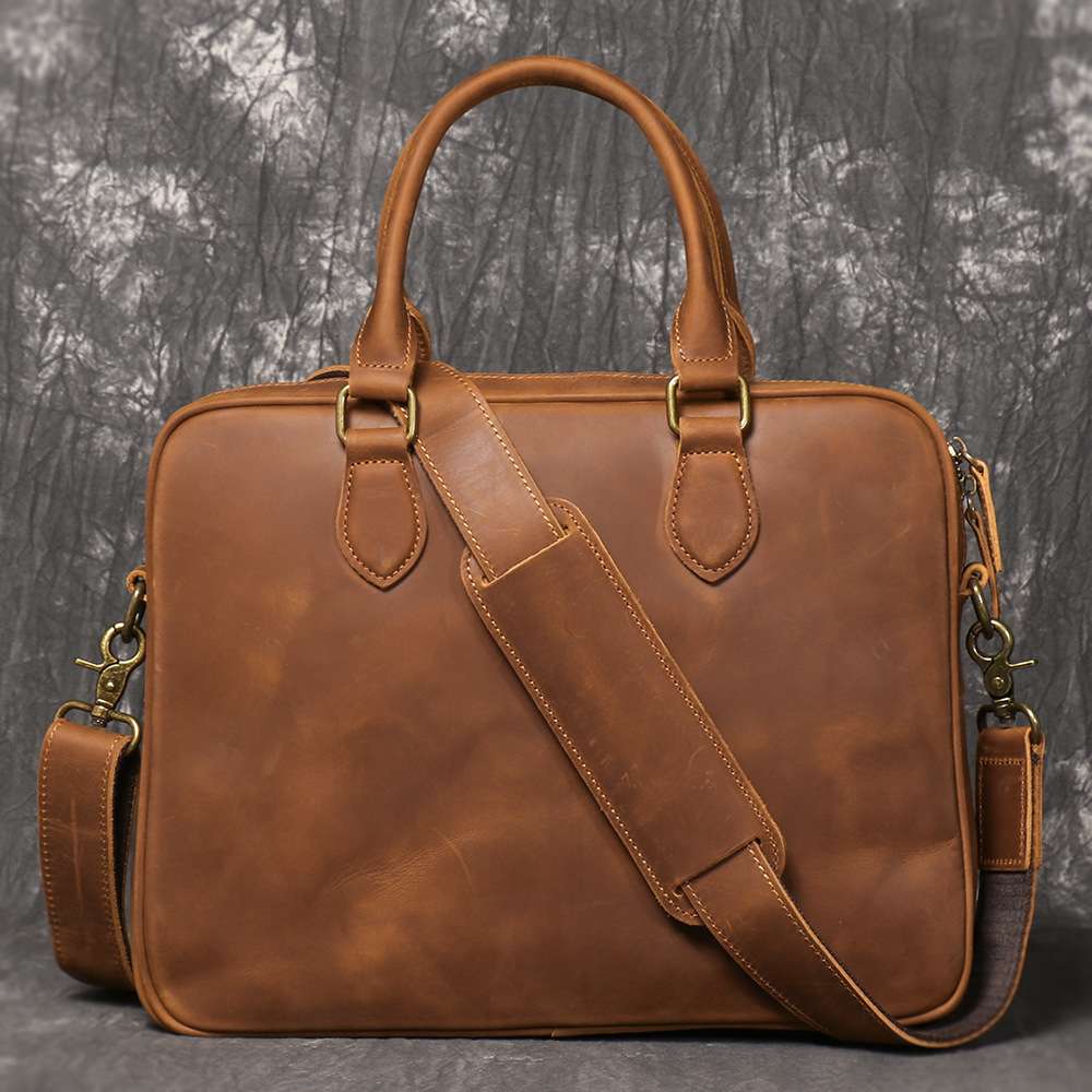歐美復古真皮男士手提包 瘋馬皮單肩背包斜挎公文包 出差旅行牛皮文件包公事包推薦  真皮包包
