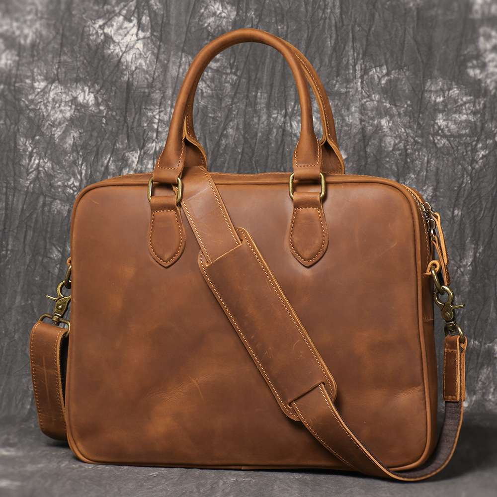 歐美復古真皮男士手提包 瘋馬皮單肩背包斜挎公文包 出差旅行牛皮文件包公事包推薦  真皮包包