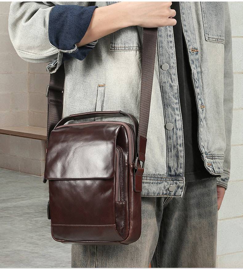 新款歐式休閒斜挎包 油蠟皮男包 復古真皮時尚單肩包頭層牛皮斜背包 純色經典款包包推薦  真皮包包
