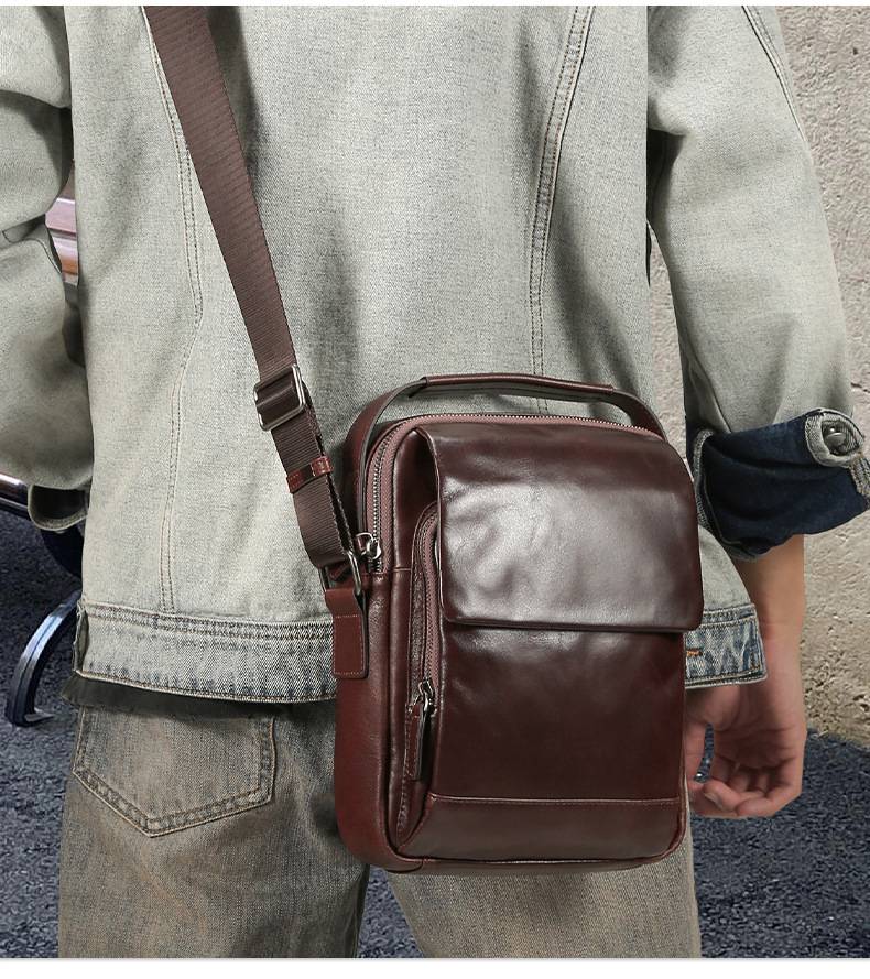 新款歐式休閒斜挎包 油蠟皮男包 復古真皮時尚單肩包頭層牛皮斜背包 純色經典款包包推薦  真皮包包