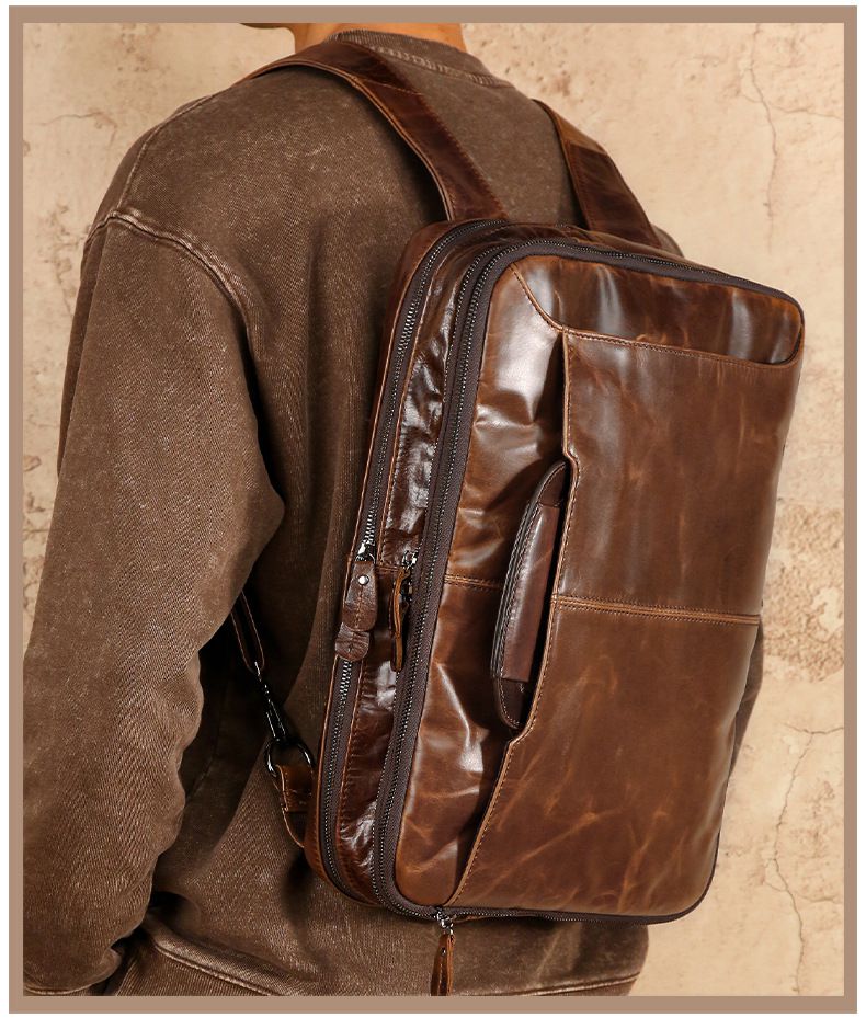 多功能油蠟皮擴容後背包手提包 真皮包包旅行包公事包 戶外休閒斜背包 大容量雙肩背包公文包推薦 一包多用 真皮包包