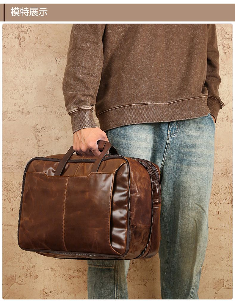 多功能油蠟皮擴容後背包手提包 真皮包包旅行包公事包 戶外休閒斜背包 大容量雙肩背包公文包推薦 一包多用 真皮包包