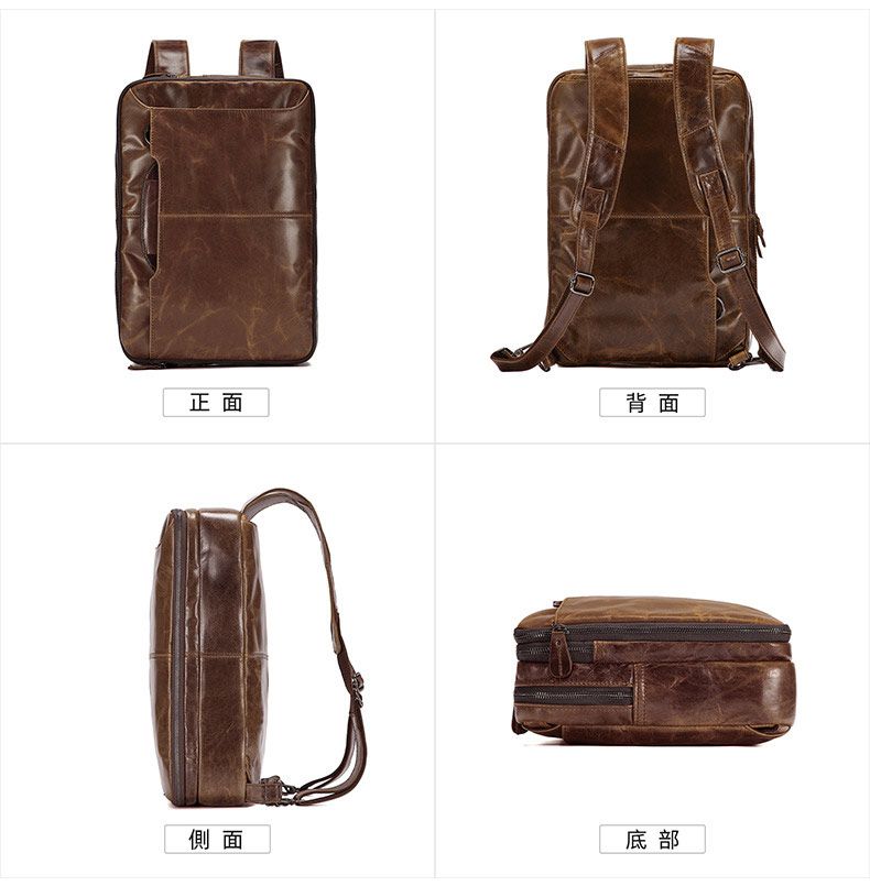 多功能油蠟皮擴容後背包手提包 真皮包包旅行包公事包 戶外休閒斜背包 大容量雙肩背包公文包推薦 一包多用 真皮包包