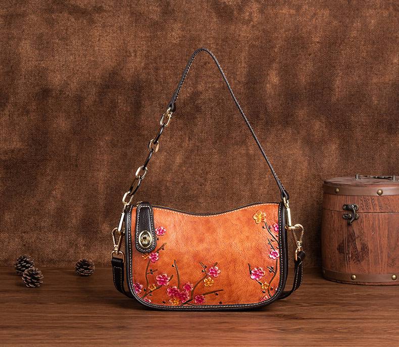 復古腋下包 頭層牛皮時尚簡約單肩包 壓花斜跨包 真皮包包女生新款斜背包推薦 真皮包包