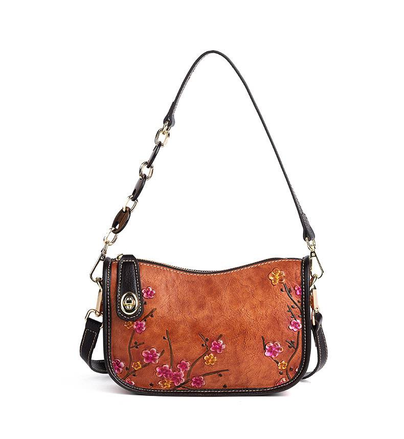 復古腋下包 頭層牛皮時尚簡約單肩包 壓花斜跨包 真皮包包女生新款斜背包推薦 真皮包包