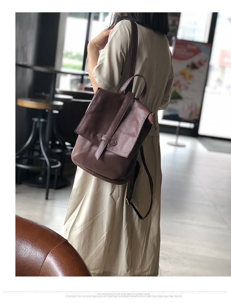韓版軟皮女生後背包 頭層牛皮雙肩包 復古真皮旅行背包 簡約休閒文藝手工雙肩背包推薦 真皮包包