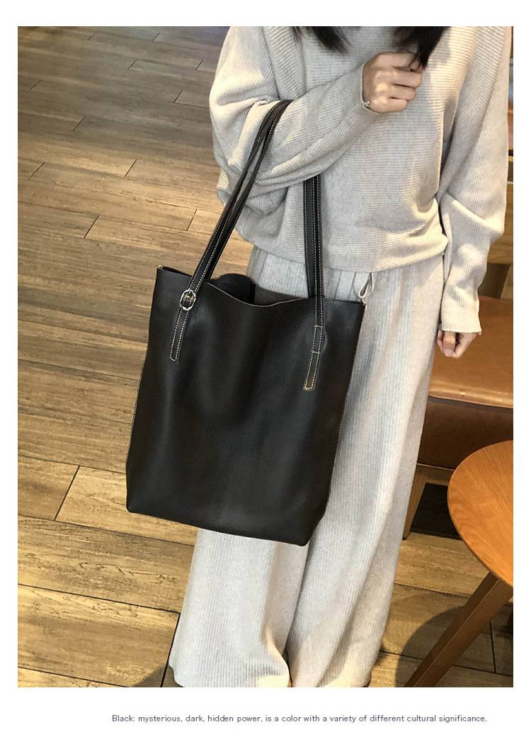 新款日韓手提包托特包 女生單肩包大包包 頭層牛皮水桶包 簡約大容量購物手袋子母包真皮包包推薦 真皮包包