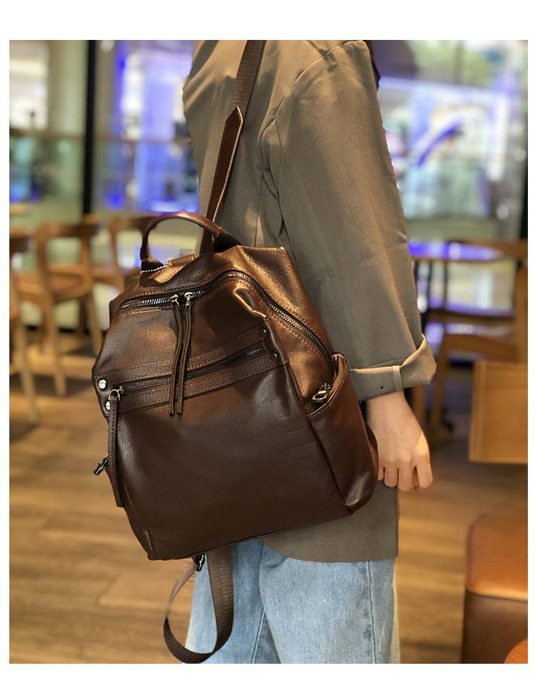 頭層牛皮真皮雙肩包 女生韓版大容量旅行背包 新款潮軟皮時尚後背包學生書包推薦 真皮包包