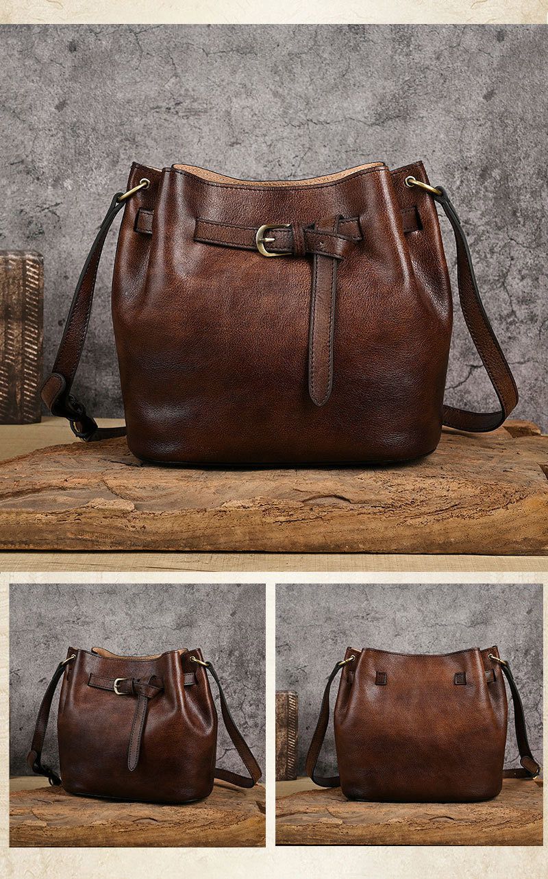 新款頭層牛皮手工擦色斜背包 植鞣皮多用途大容量女單肩包側背包 復古女生單肩背包推薦 真皮包包