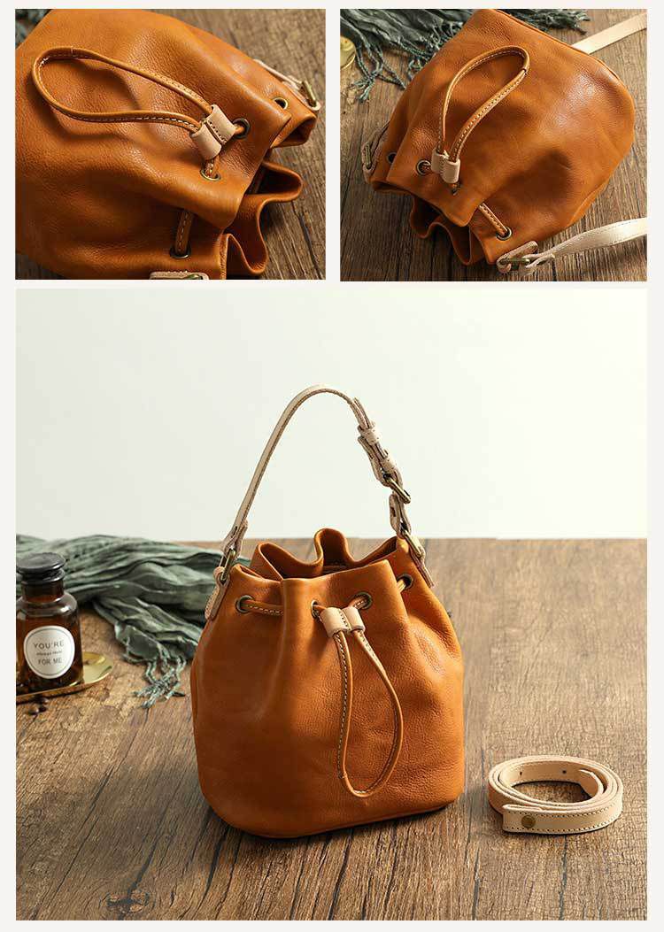 植鞣皮斜背包 頭層牛皮純色手工擦色肩背包 復古真皮水桶包 新款多用途大容量女單肩包推薦 真皮包包