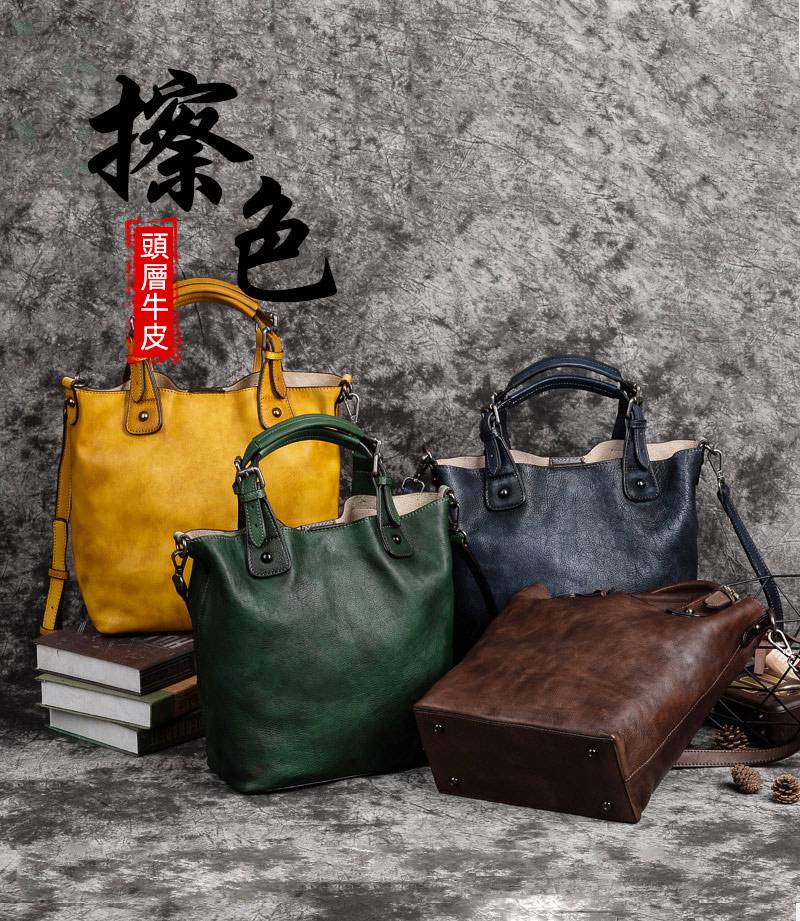 手工擦色復古手提包 真皮斜背包多用途單肩包包 植鞣皮肩背包側背包 新款大容量斜挎包推薦 真皮包包