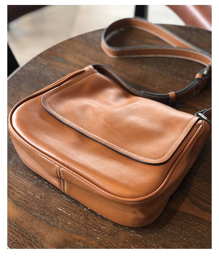 翻蓋新款真皮女包單肩包 休閒女士斜挎包 簡約休閒斜背包 女生頭層皮郵差包推薦 真皮包包