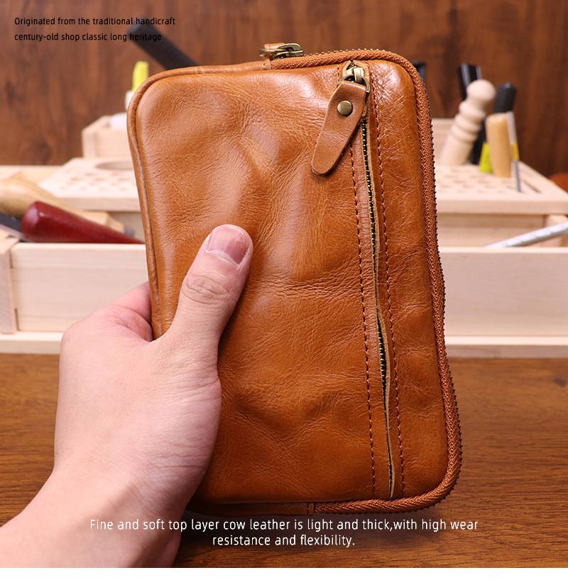 新款做舊手工擦色頭層牛皮手拿包 女士復古簡約大容量手機包 時尚真皮手抓包推薦 真皮包包