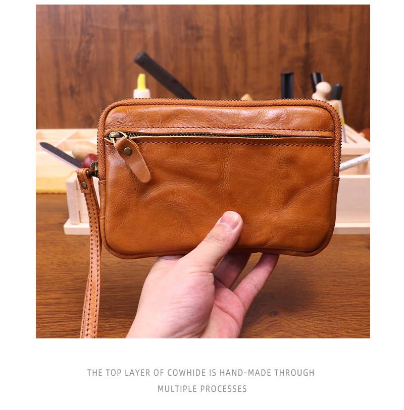 新款做舊手工擦色頭層牛皮手拿包 女士復古簡約大容量手機包 時尚真皮手抓包推薦 真皮包包