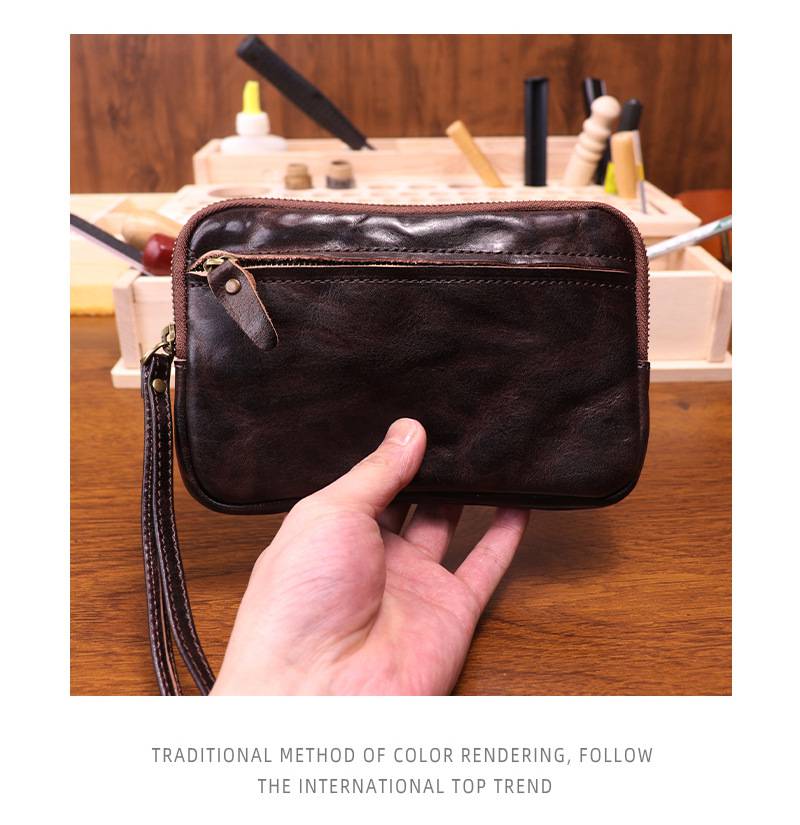 新款做舊手工擦色頭層牛皮手拿包 女士復古簡約大容量手機包 時尚真皮手抓包推薦 真皮包包