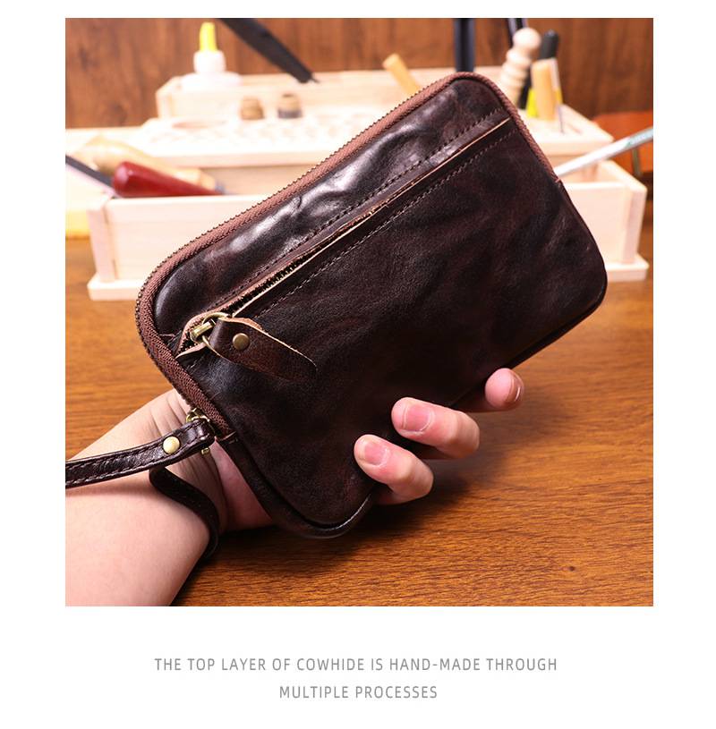 新款做舊手工擦色頭層牛皮手拿包 女士復古簡約大容量手機包 時尚真皮手抓包推薦 真皮包包