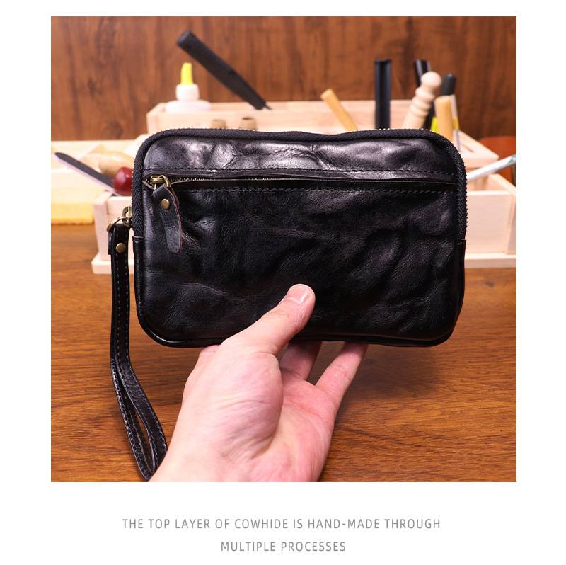 新款做舊手工擦色頭層牛皮手拿包 女士復古簡約大容量手機包 時尚真皮手抓包推薦 真皮包包