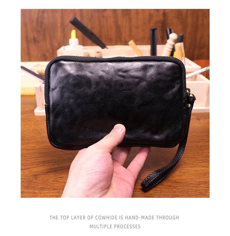 新款做舊手工擦色頭層牛皮手拿包 女士復古簡約大容量手機包 時尚真皮手抓包推薦 真皮包包