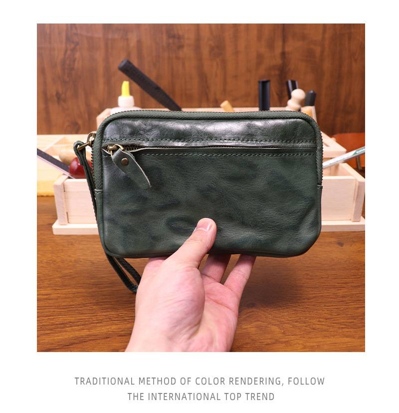 新款做舊手工擦色頭層牛皮手拿包 女士復古簡約大容量手機包 時尚真皮手抓包推薦 真皮包包