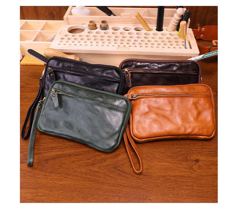 新款做舊手工擦色頭層牛皮手拿包 女士復古簡約大容量手機包 時尚真皮手抓包推薦 真皮包包