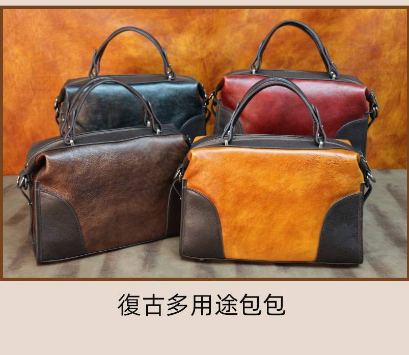 新款復古手工擦色多用途手提包 頭層牛皮大容量女包 樹膏皮斜跨包 真皮單肩背包斜背包推薦 真皮包包