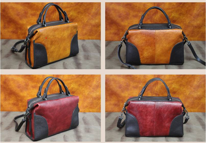 新款復古手工擦色多用途手提包 頭層牛皮大容量女包 樹膏皮斜跨包 真皮單肩背包斜背包推薦 真皮包包