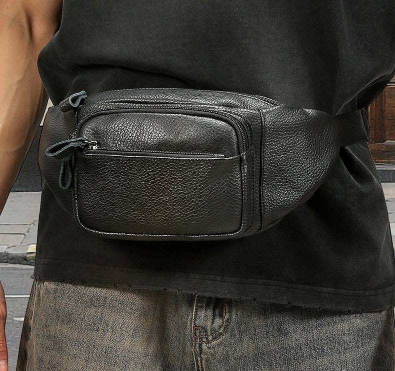 頭層牛皮真皮腰包 油蠟皮戶外休閒運動胸包斜背包 手機包高級感黑色多功能斜挎包推薦 真皮包包