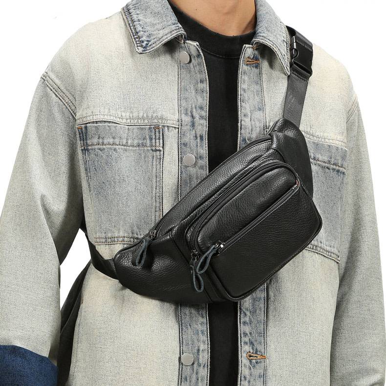 頭層牛皮真皮腰包 油蠟皮戶外休閒運動胸包斜背包 手機包高級感黑色多功能斜挎包推薦 真皮包包