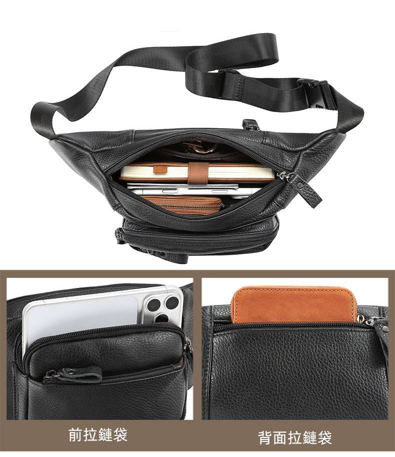 頭層牛皮真皮腰包 油蠟皮戶外休閒運動胸包斜背包 手機包高級感黑色多功能斜挎包推薦 真皮包包