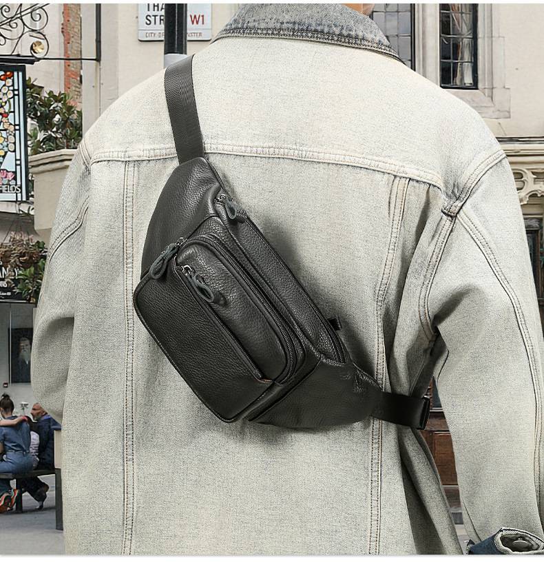 頭層牛皮真皮腰包 油蠟皮戶外休閒運動胸包斜背包 手機包高級感黑色多功能斜挎包推薦 真皮包包