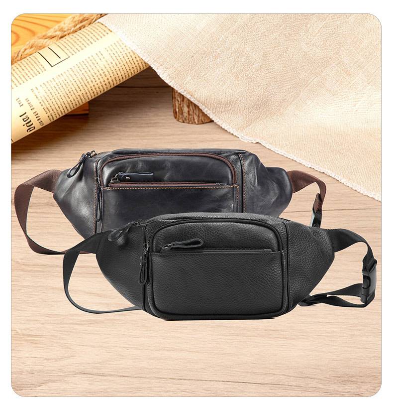 頭層牛皮真皮腰包 油蠟皮戶外休閒運動胸包斜背包 手機包高級感黑色多功能斜挎包推薦 真皮包包