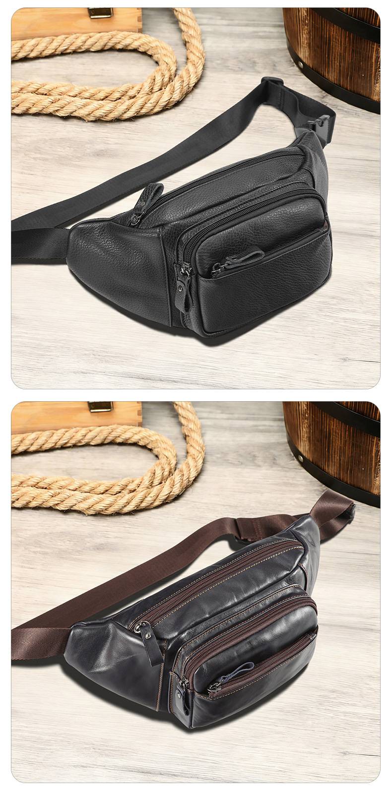 頭層牛皮真皮腰包 油蠟皮戶外休閒運動胸包斜背包 手機包高級感黑色多功能斜挎包推薦 真皮包包